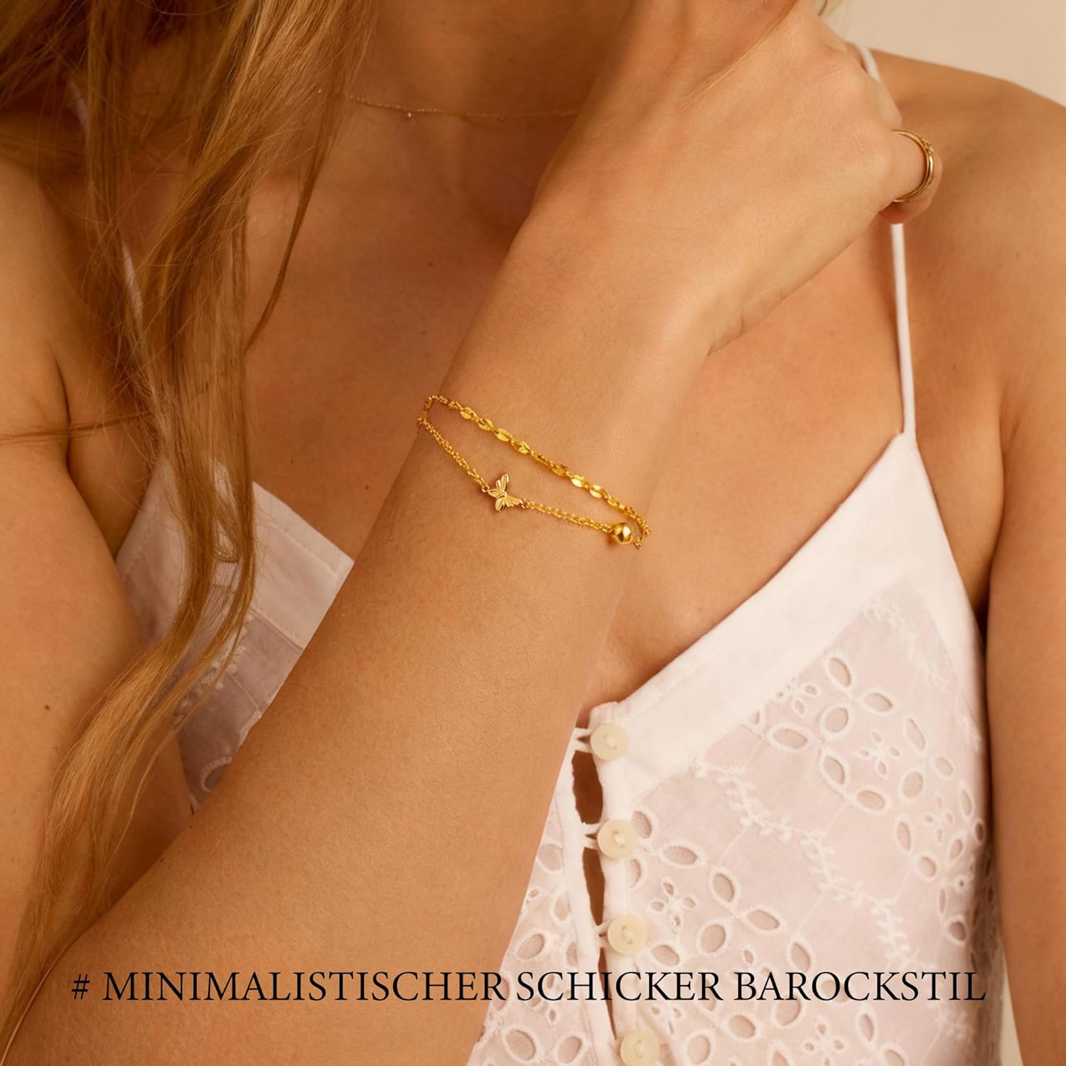 Detalle 2 de XOEMEL Armband Silber 925 für Damen mit Schmetterlings-Design, Rosegold & Perlen, verstellbares Layered Armband