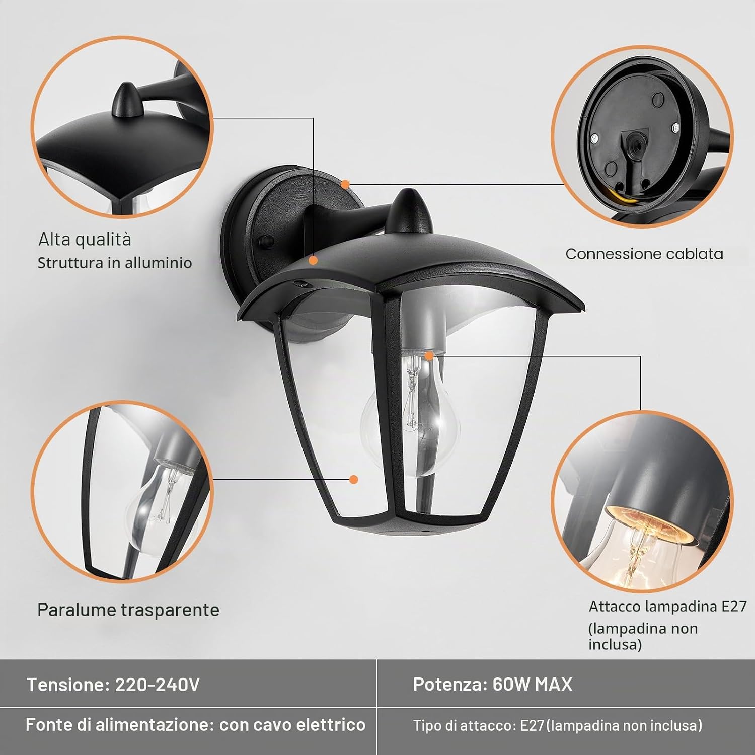 Detalle de HARPER LIVING Luci da parete per esterni, E27, alluminio resistente alle intemperie IP54
