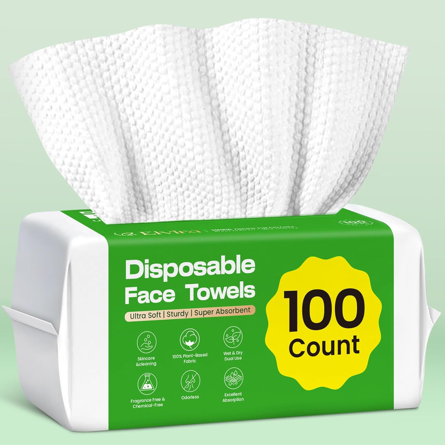Detalle de Elvira 100 Count Disposable Face Towels — biogradable, ultra-soft makeup remover wipes for sensitive skin