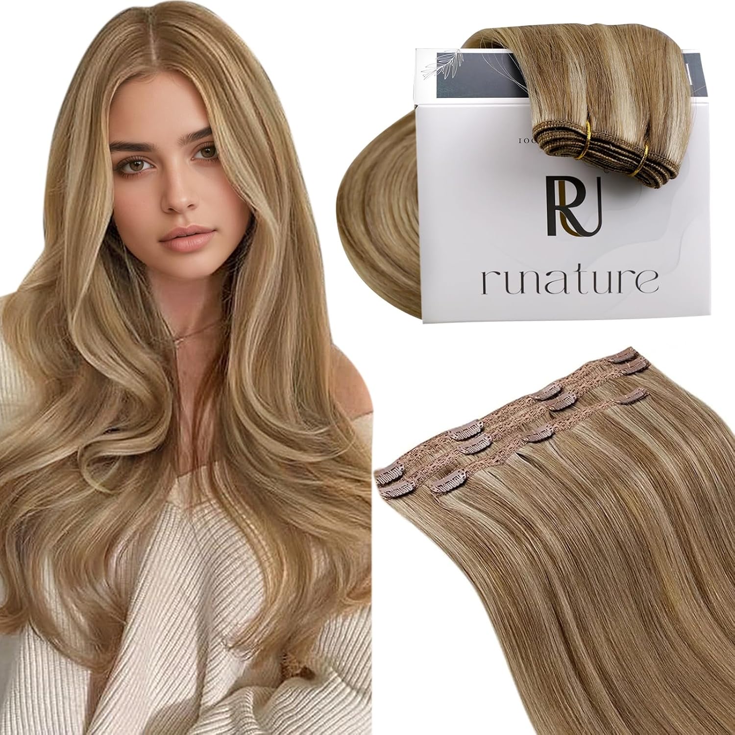 Detalle de RUNATURE Clip-in Extensions Echthaar Braun Highlight Blond 45 cm – 3 Stück 50 g
