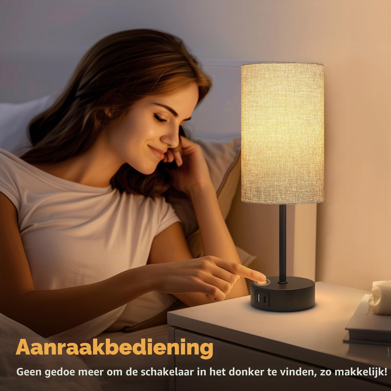 Detalle de STANBOW TBL5 dimbare bedlamp met linnen kap en USB-A- en USB-C-poorten