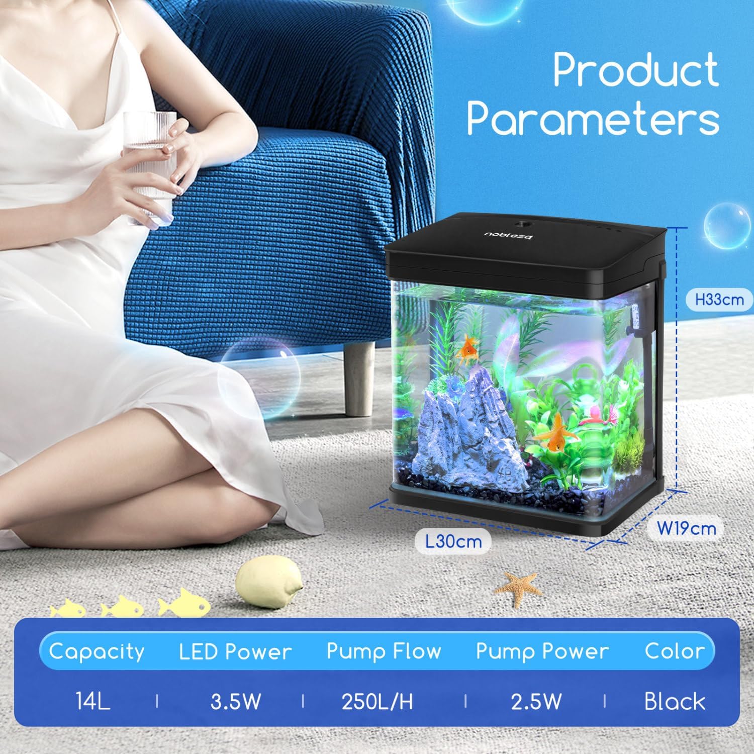 Thumbnail 6 de Nobleza Nano acquario in vetro da 14 litri con LED e filtro incluso (colore nero)