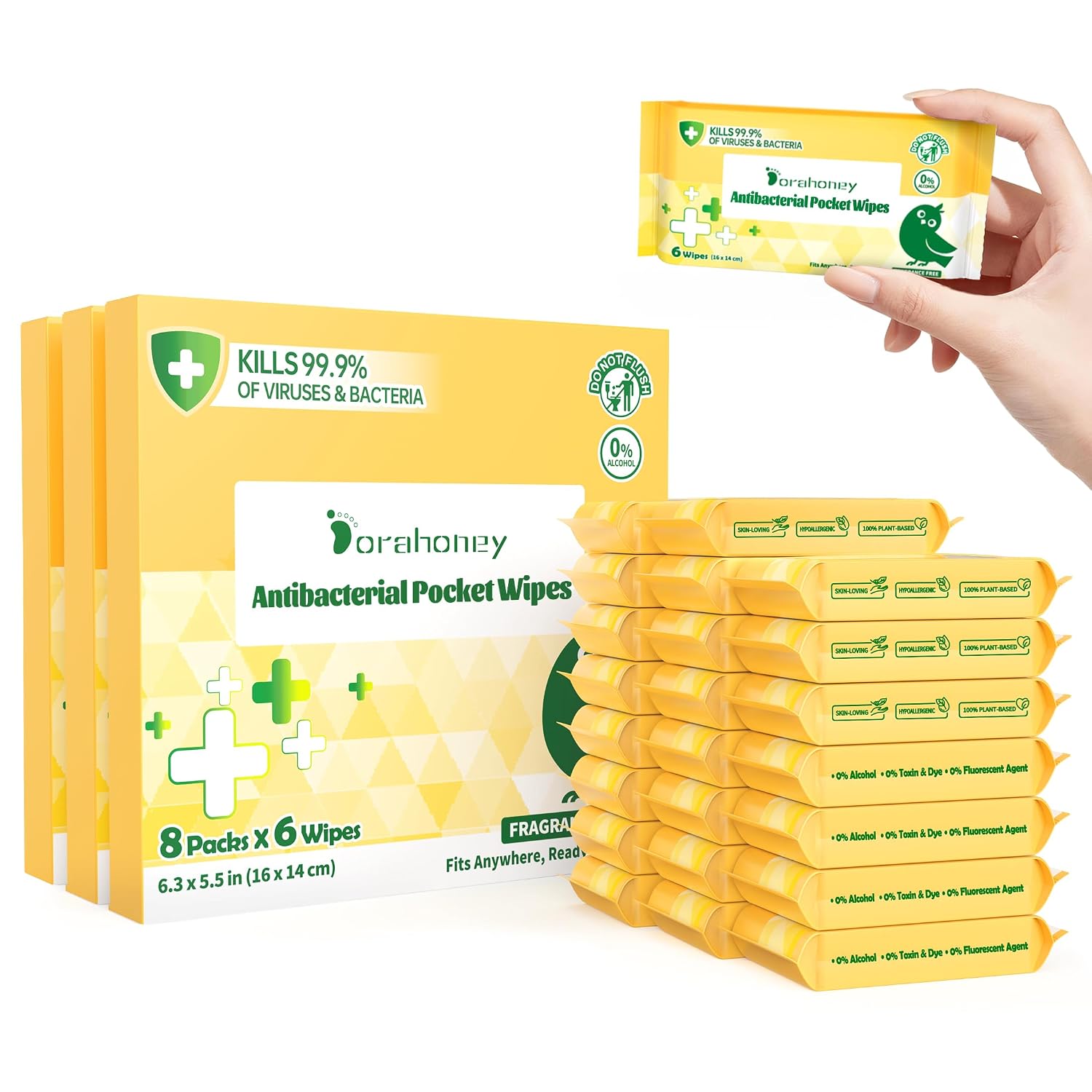 Thumbnail 6 de Dorahoney Travel Antibacterial Hand Wipes — 99% Water, Hypoallergenic & Alcohol-Free (48 Count, 8 Packs of 6)