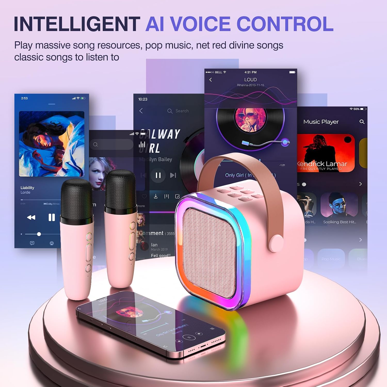 Detalle 1 de TAEMVV k12 Mini Karaoke Machine with Two Wireless Microphones and LED Light