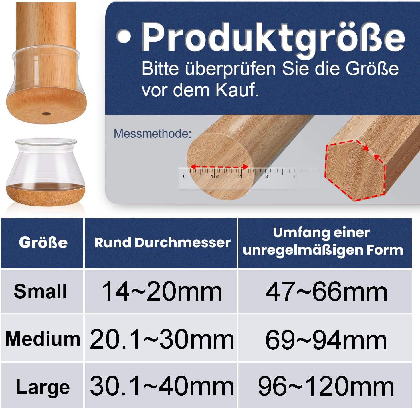 Detalle de Stuhlbeinkappen aus Silikon mit Filzumbewickelt – Rund, 20,1–30 mm, 16 Stk.