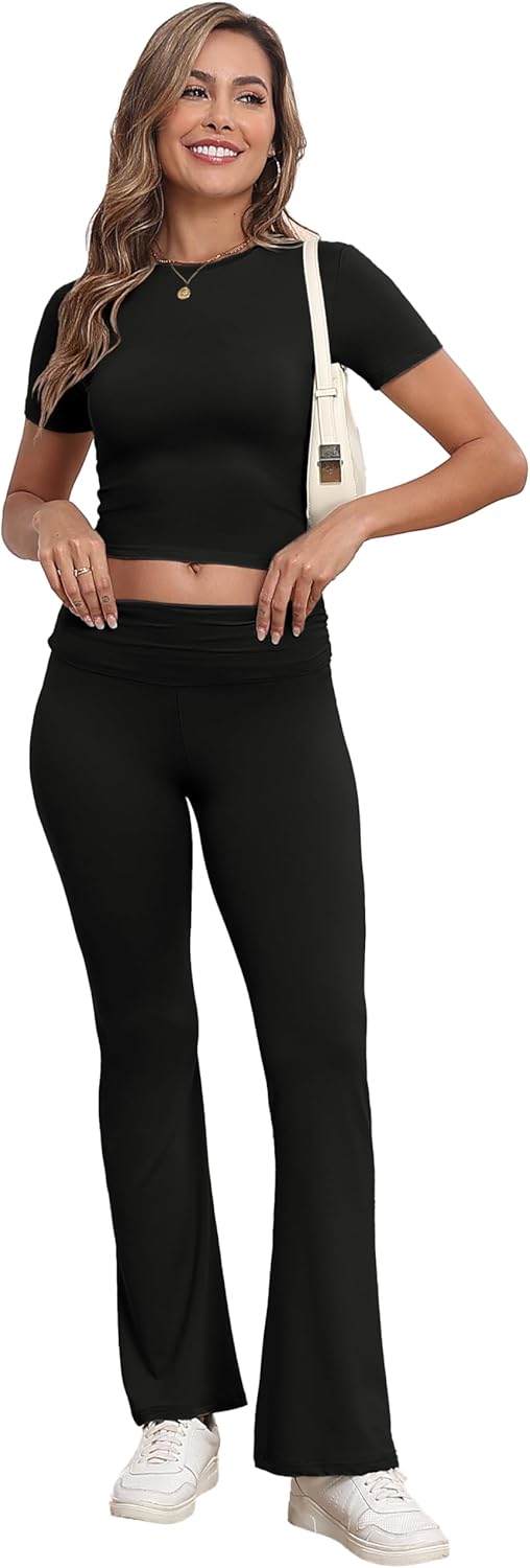 Thumbnail 3 de IWOLLENCE women’s loungewear set: short sleeve crop top & wide-leg trousers co-ord