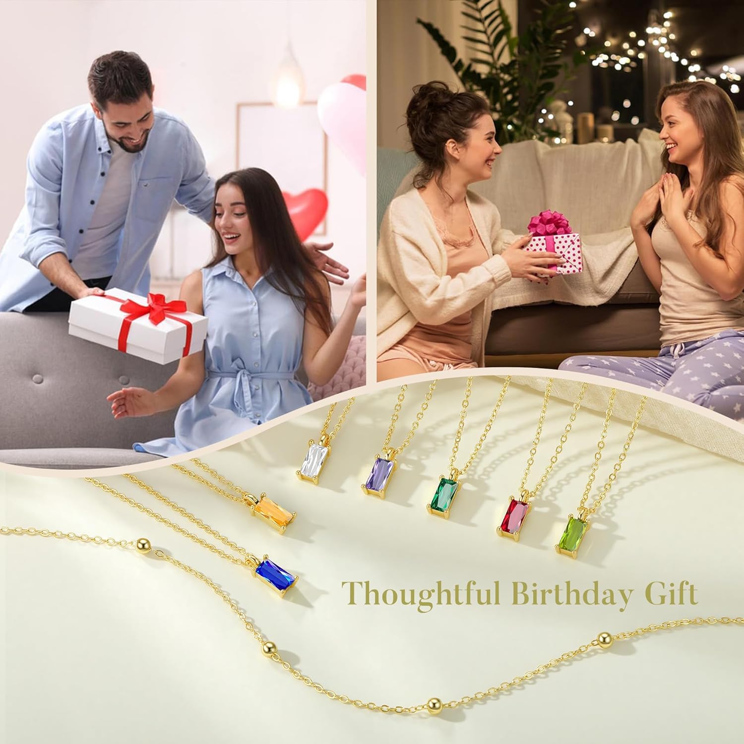 Thumbnail 6 de TINGN Muttertagsgeschenke: Dreireihige Geburtsstein-Kette aus 14K vergoldetem Kupfer – goldfarbene Rechteck-Anhänger, Layered Schmuck
