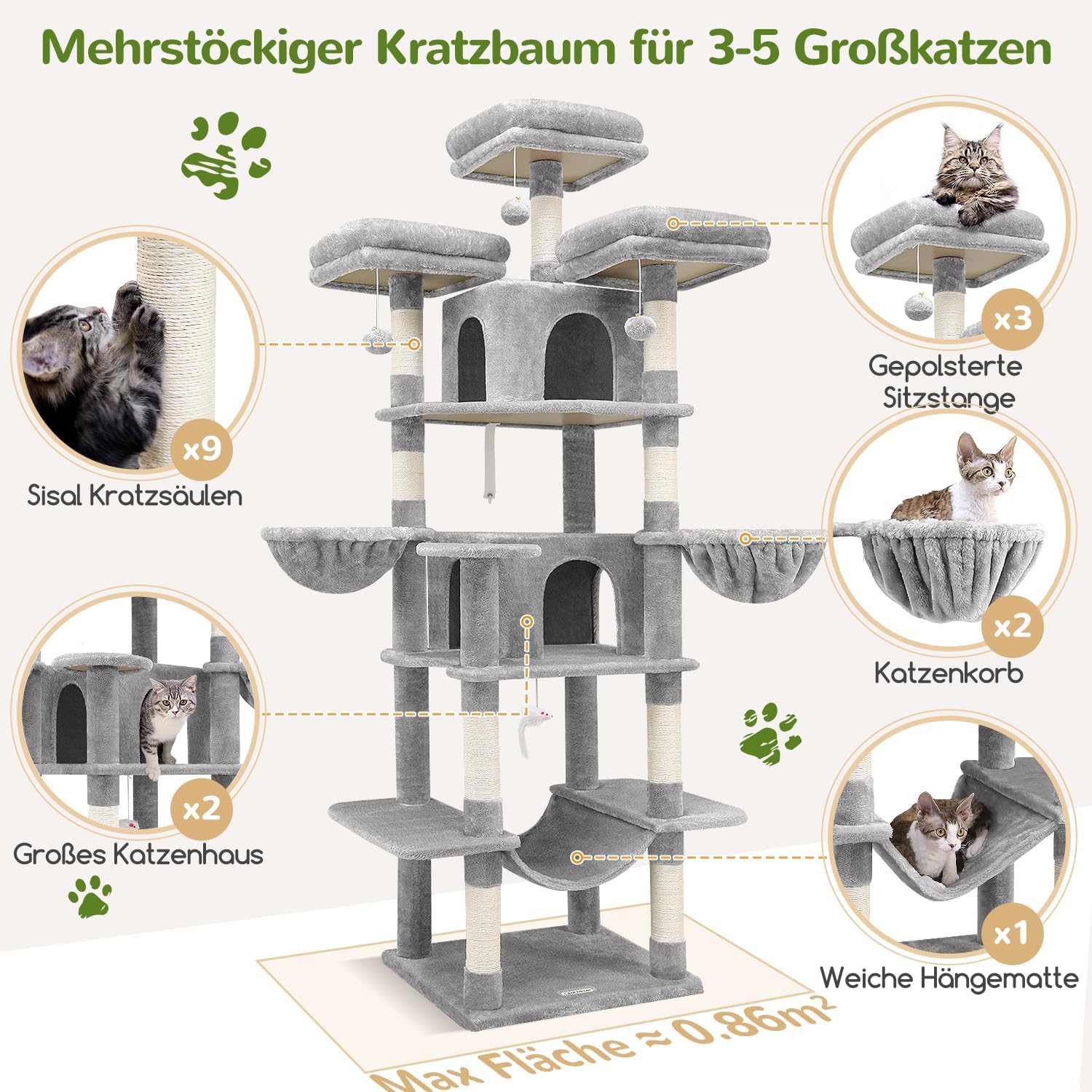 Detalle de Globlazer Kratzbaum Große hoch 204 cm mit 3 gepolsterten Sitzstangen, 2 Katzenhäuser, 2 Körbe, Hängematte – stabiler Luxus-Kratzbaum für 3–5 Katzen