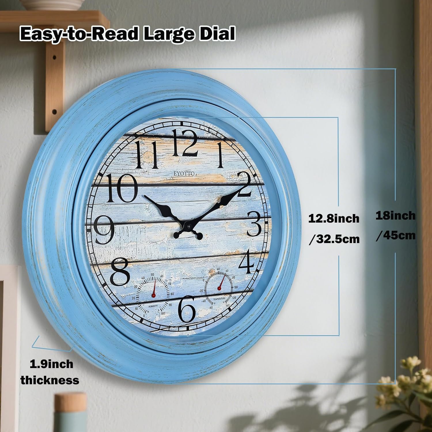 Detalle de eYotto 18-Zoll Große Innen-/Außen-Wanduhr mit Thermometer & Hygrometer – wasserdicht, batteriebetrieben, geräuschlos, Blau, Oversize