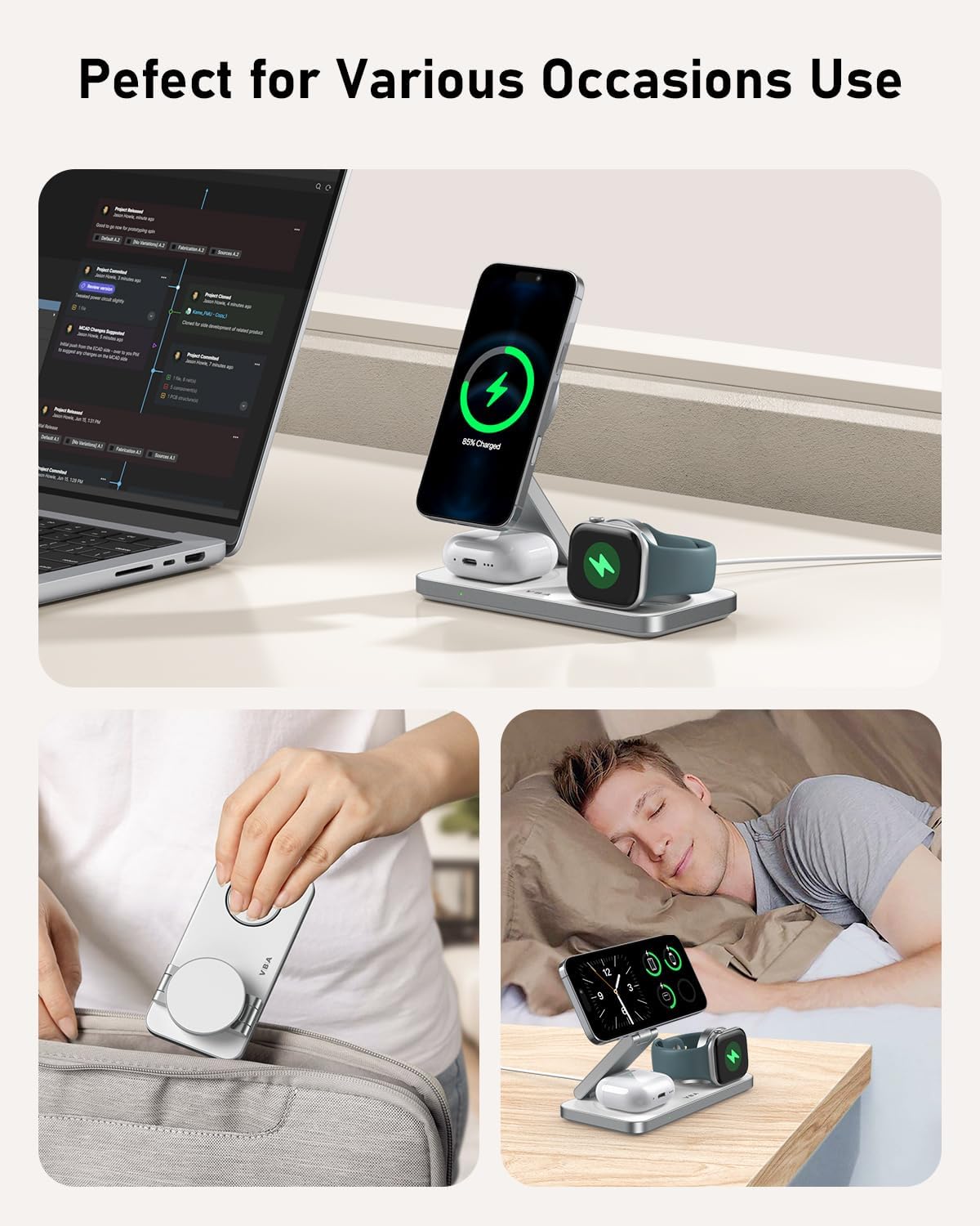 Detalle 2 de VBA 3 in 1 Wireless Charging Station for iPhone, Apple Watch, AirPods