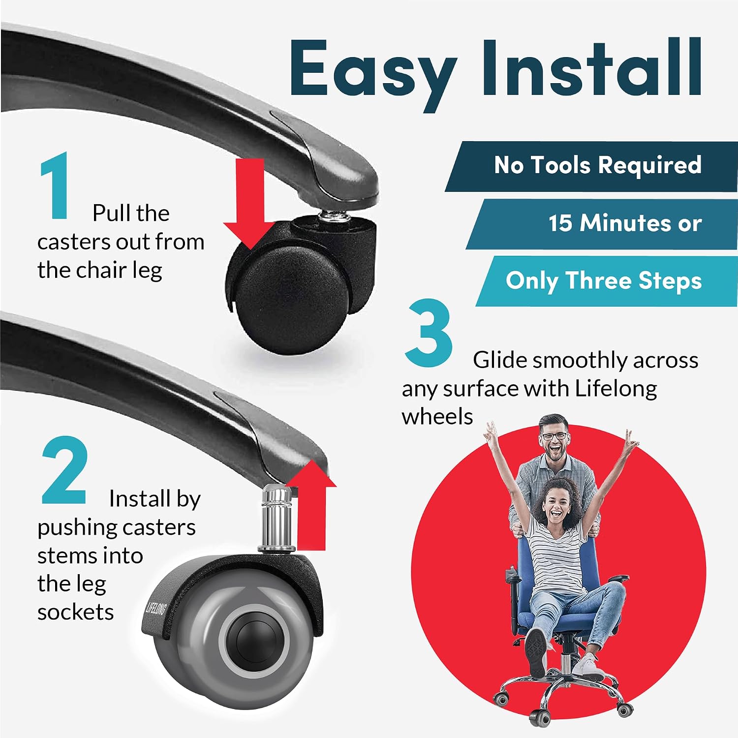 Thumbnail 2 de Lifelong 2-Inch Office Chair Wheels, 5-Pack Polyurethane Swivel Casters