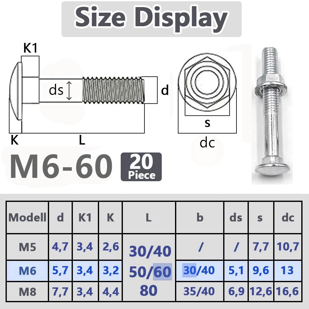 Thumbnail 1 de SHUNCHG Schlossschrauben M6×60 – 20-tlg. verzinkt mit Sechskant-Flanschmuttern (Kohlenstoffstahl)