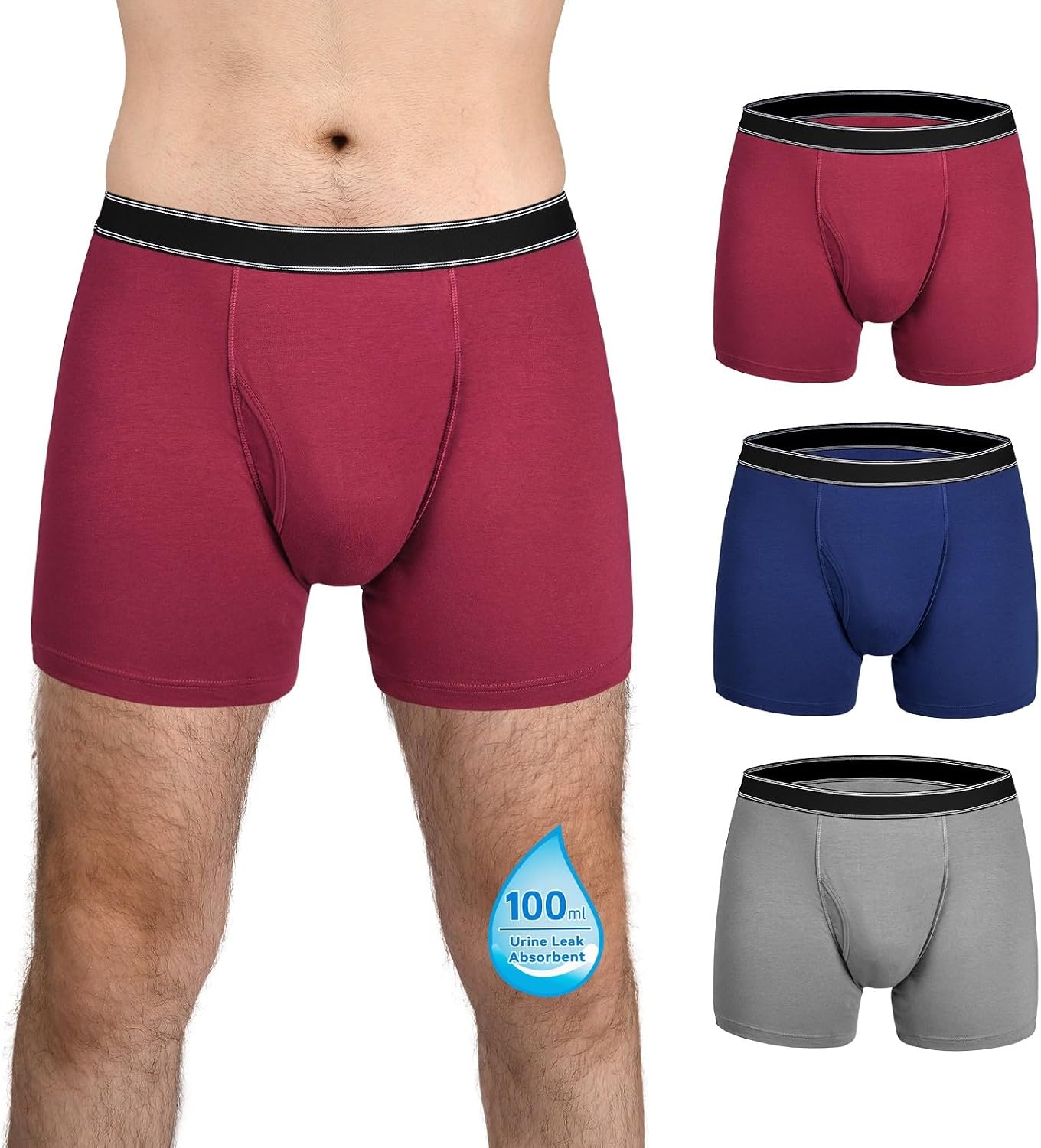 Culotte d’incontinence homme lavable TIICHOO (lot de 3) en coton, anti-fuite – jusqu’à 100 ml