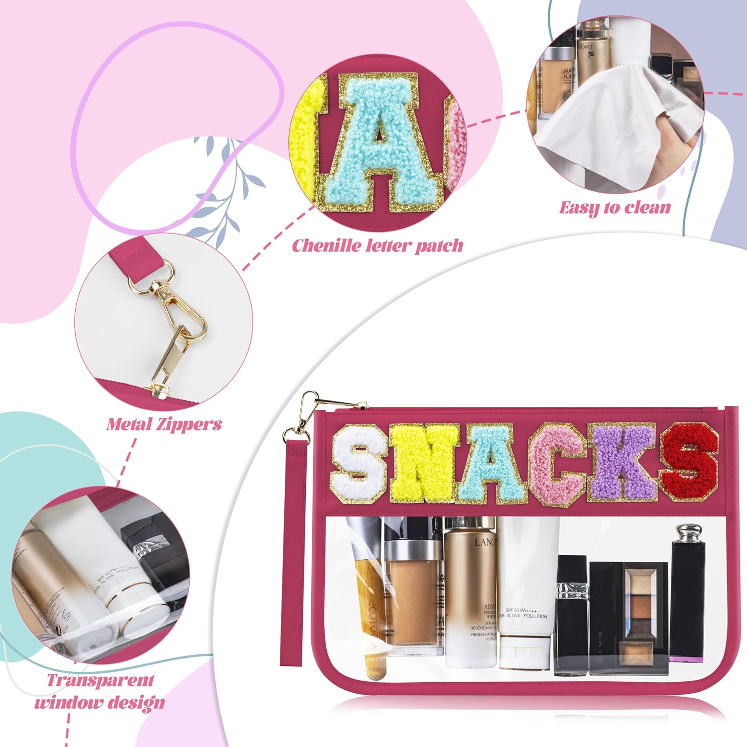 Thumbnail 2 de Buycard Snack Bag for Travel with Chenille Letter Patch – Preppy, Waterproof Tote for Women & Girls (Rose Red)