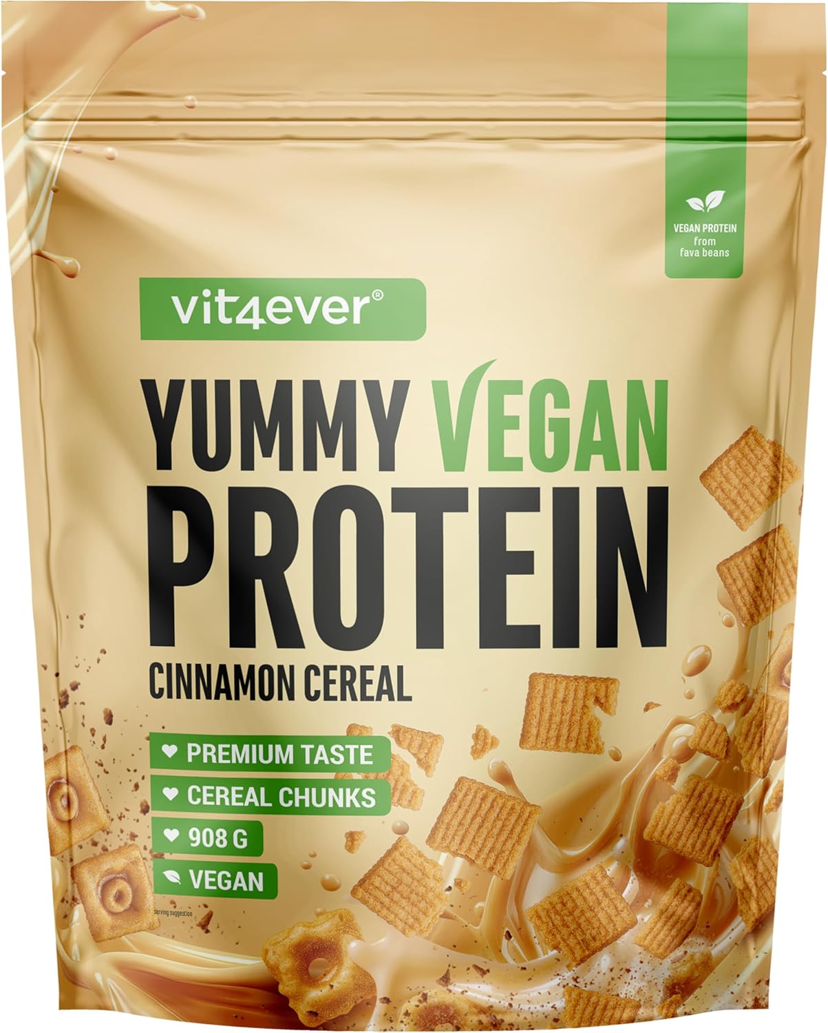 vit4ever Yummy Vegan Protein Cinnamon Cereal mit Chunks – veganer Proteinshake aus Fava-Bohnen-Isolat (908 g)