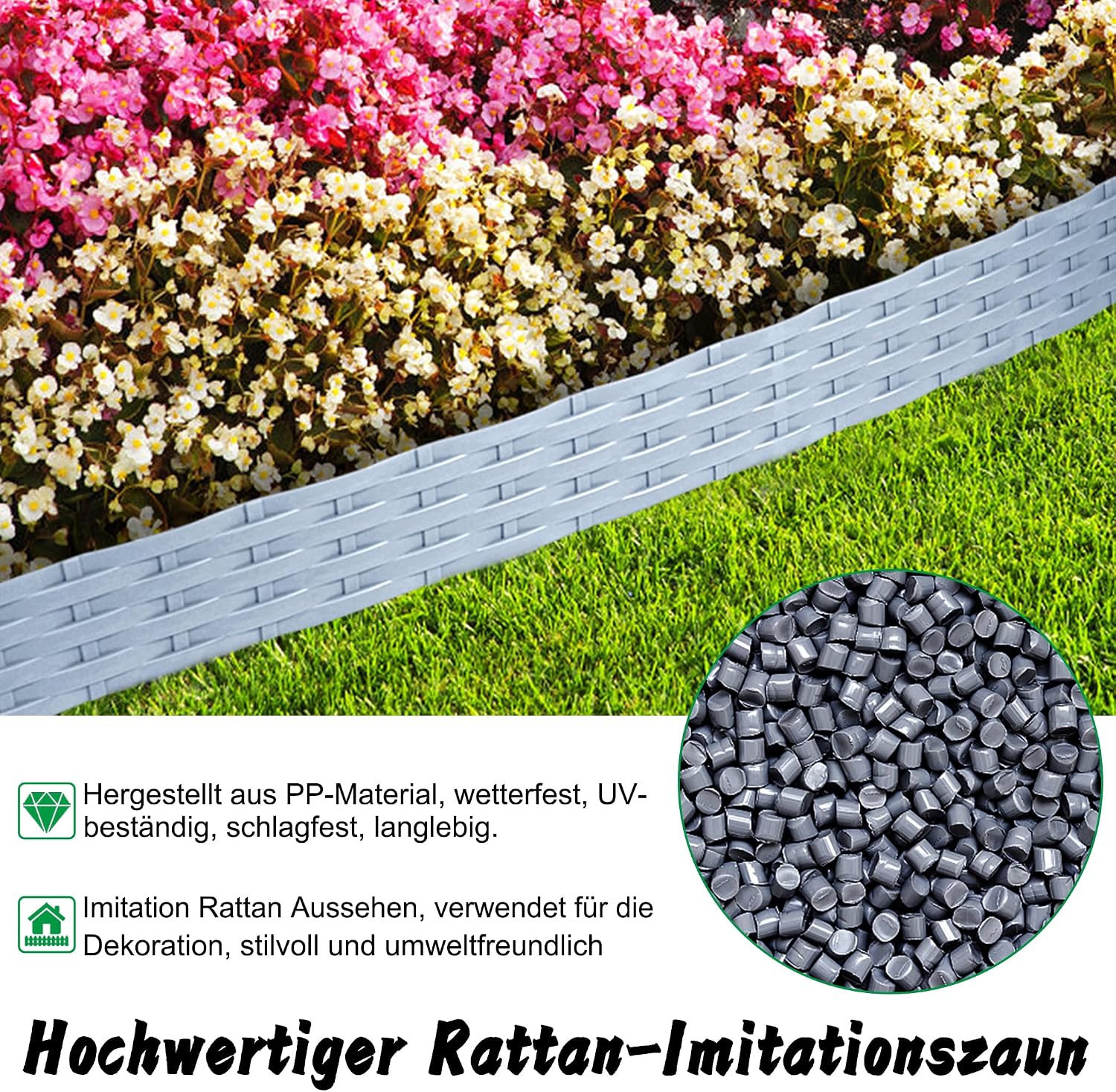 Detalle de Aufun 20m Rattan Rasenkante – flexible Beetumrandung aus PP mit 20 Elementen (100 cm), Grau