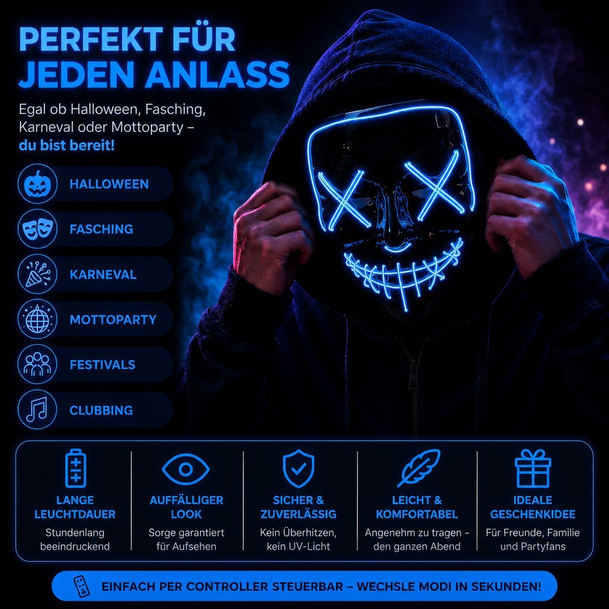 Detalle de TK Gruppe Timo Klingler Purge LED-horrormasker met 3 regelbare lichteffecten