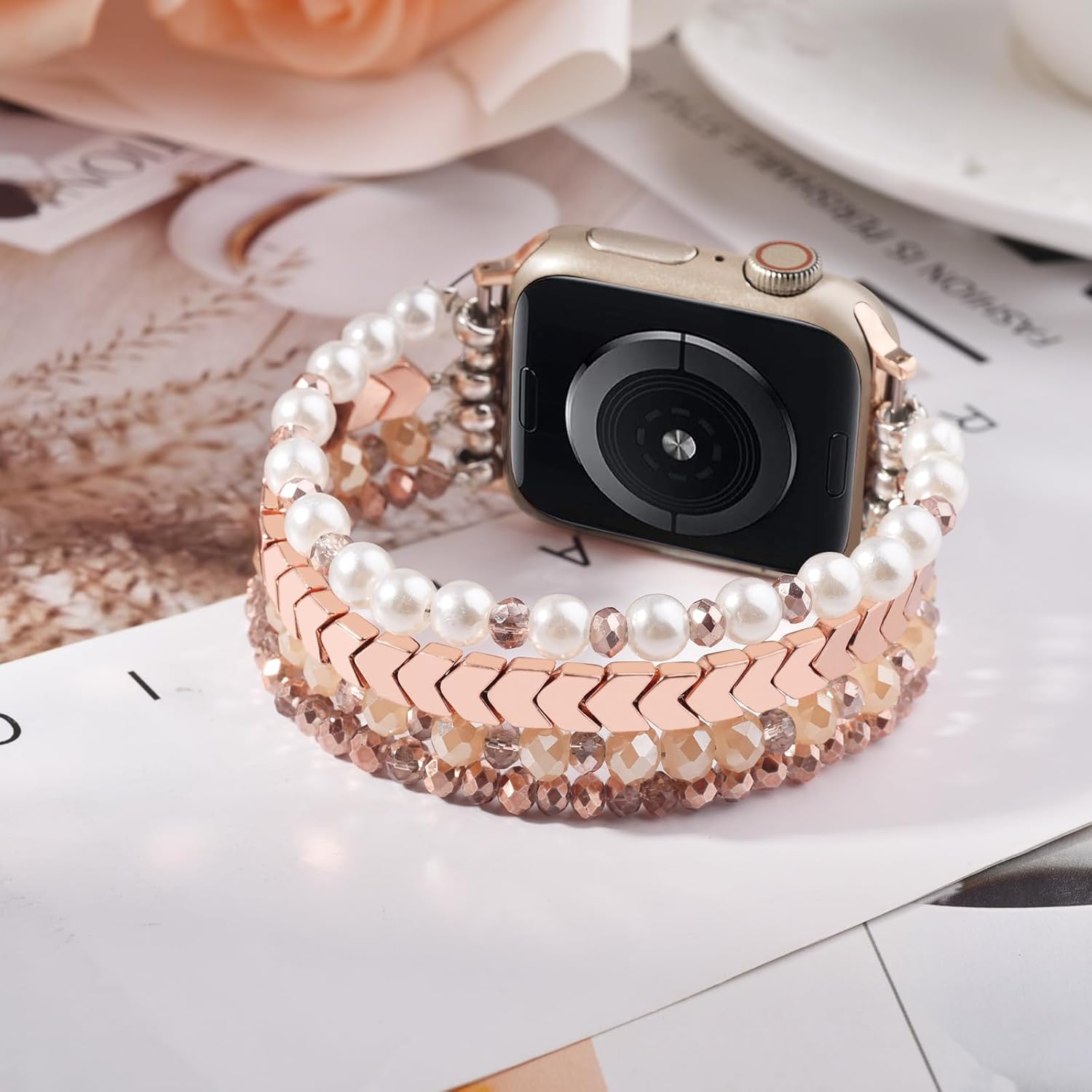 Thumbnail 1 de V.R.HOPE Unique Beaded Strap for Apple Watch 44–49mm (Rose White, Small): Elegant Beaded Band for Women