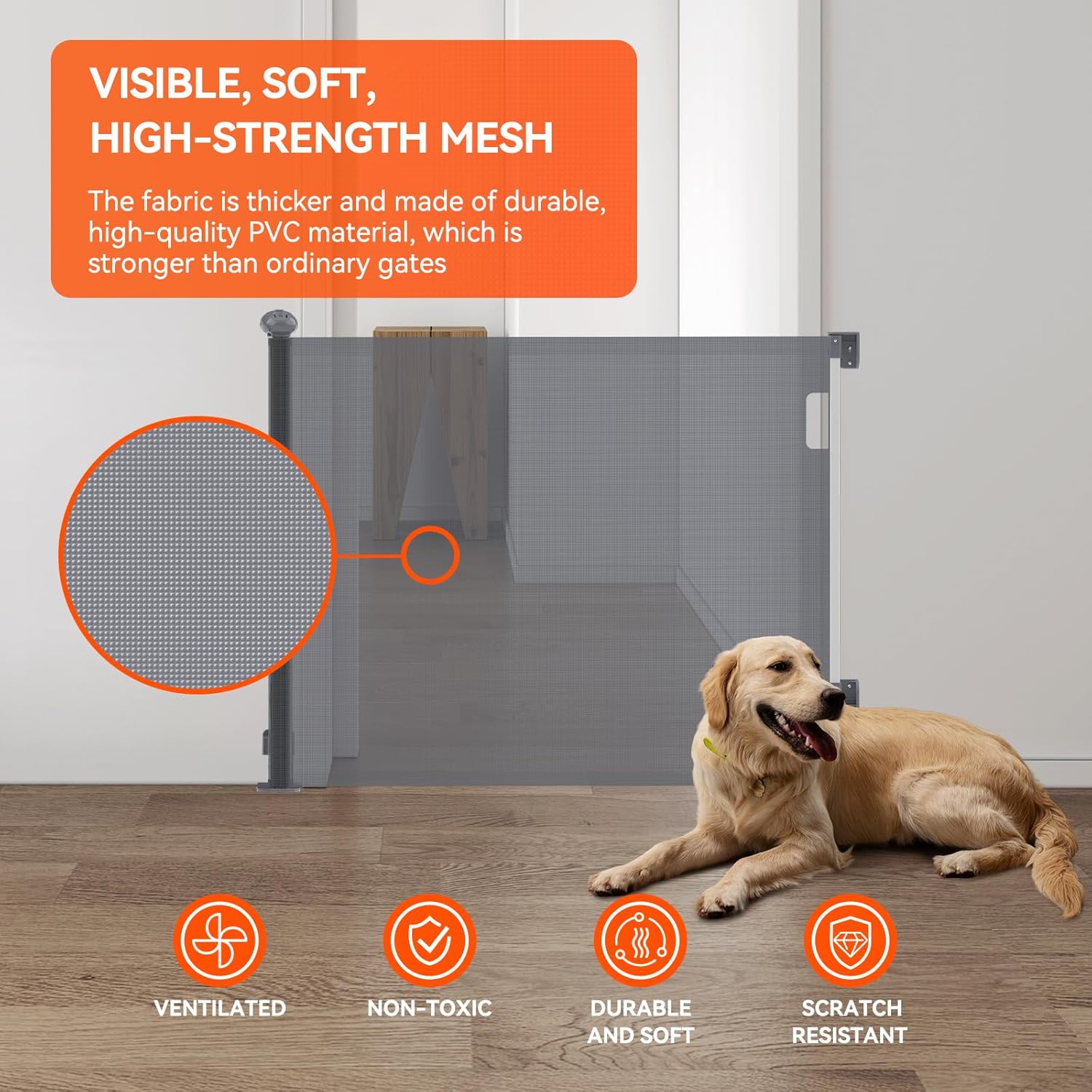 Detalle de Muaket Retractable Stair Gate for Babies and Pets (0–180cm) with One-Handed Silent Operation