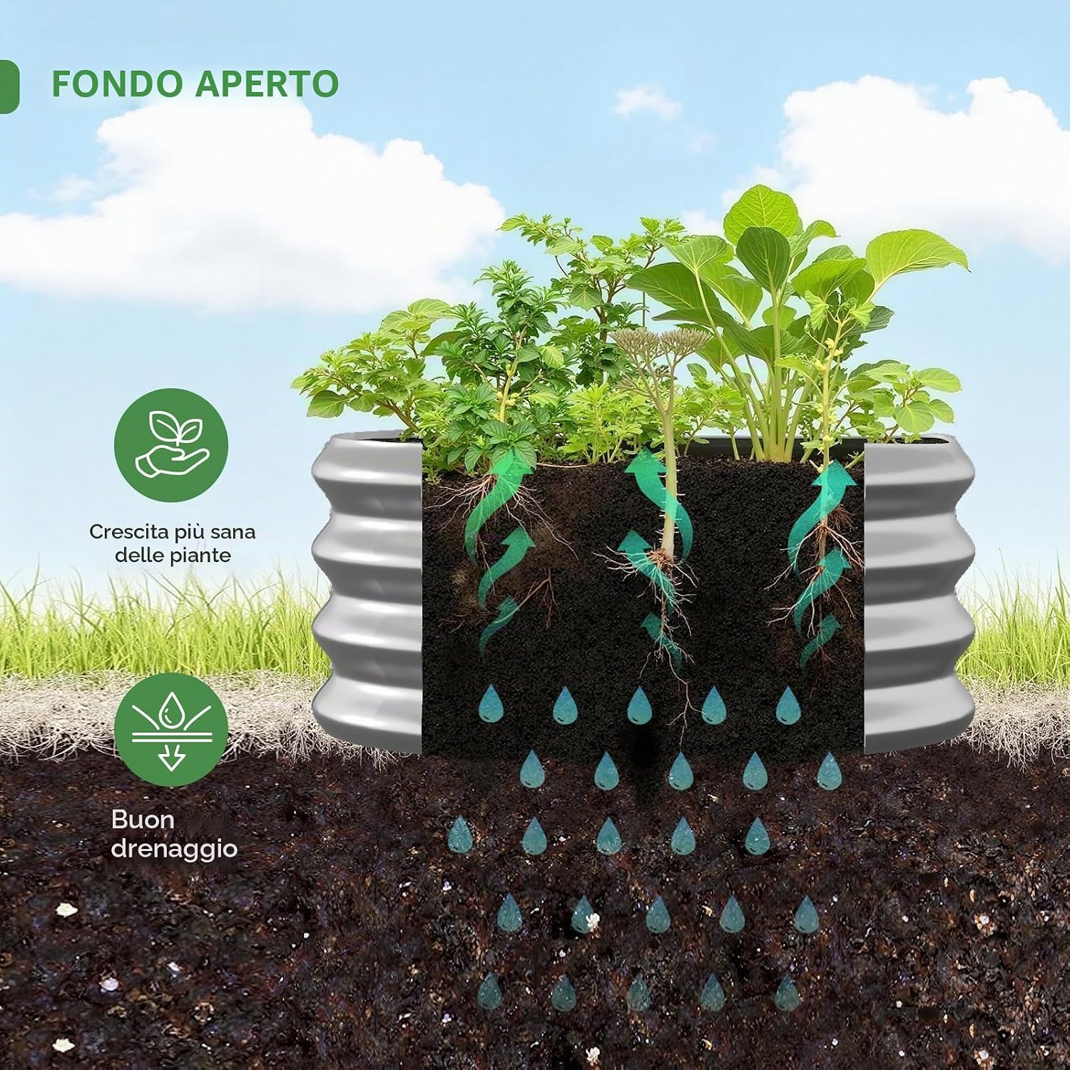 Detalle 2 de Bamworld Orto Rialzato da Esterno Rotondo 2 Pezzi – Fioriere in Metallo Zincato 60x30cm Argento