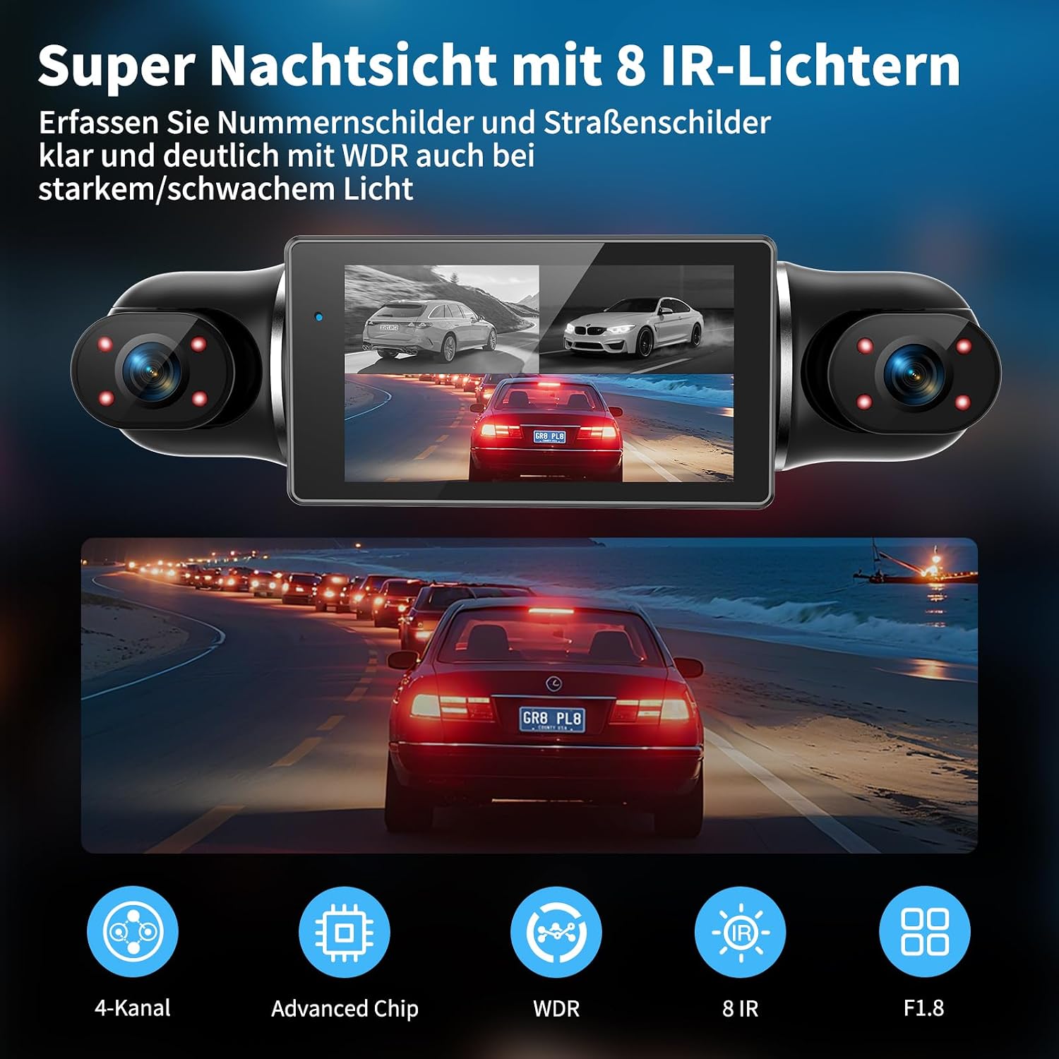 Detalle de 360°Dashcam Auto Vorne Hinten 4-Kanal Dash Cam mit 4K+1080p, 64GB SD-Karte & 3" IPS Display