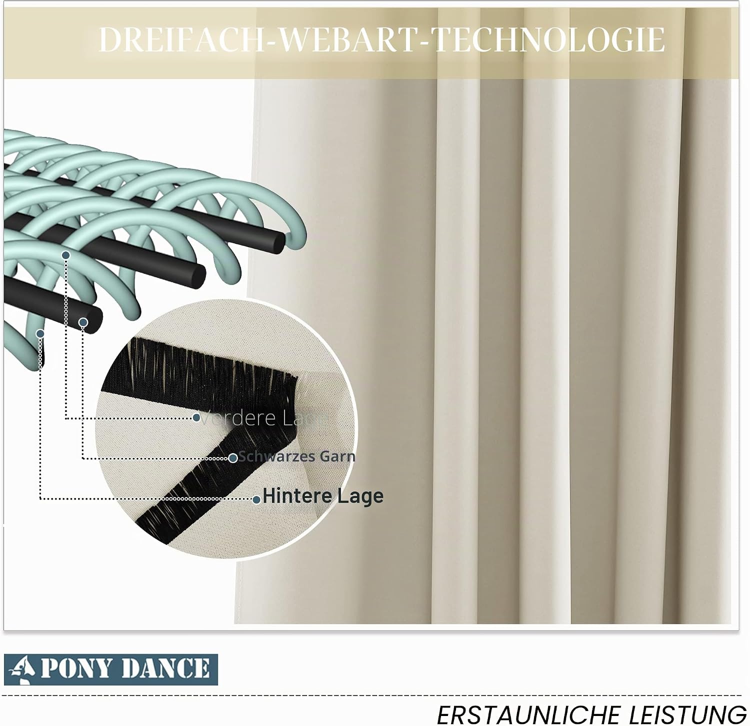 Detalle 2 de PONY DANCE Verdunkelungs-Vorhänge mit Ösen 60–75% Lichtblockierung, 2er Set, Hellbeige, 245 × 140 cm – Thermo, 8 Ösen pro Stück