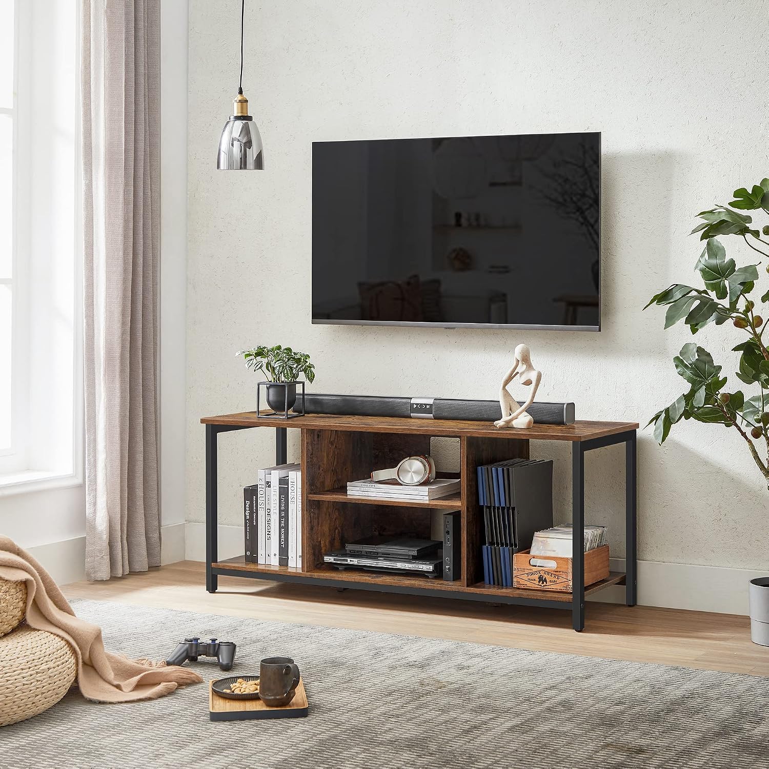 Detalle de VASAGLE LTV060B01 TV Stand, Rustic Brown and Black with Open Shelves