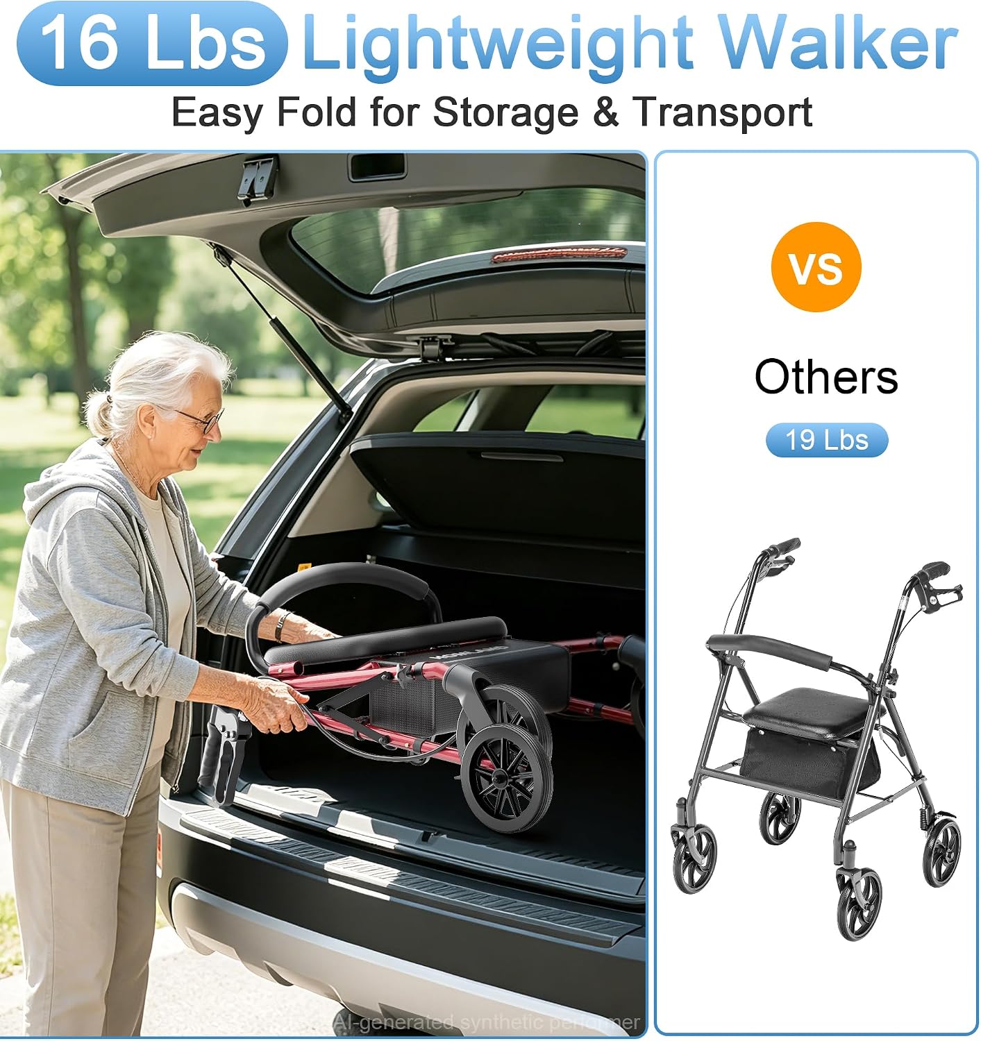 Detalle 2 de HOMLAND Foldable Rollator Walker with Seat, 16 lb, 5-Level Adjustable