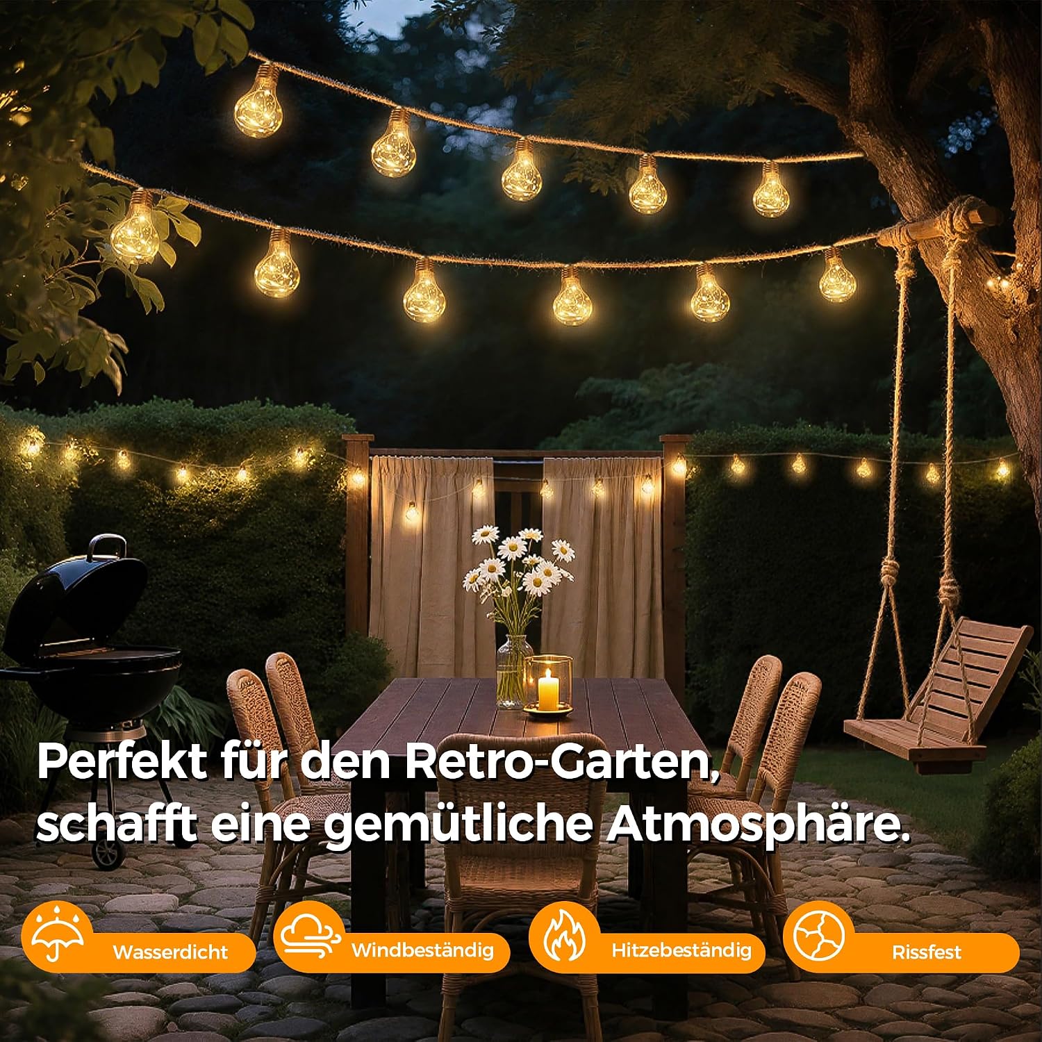 Thumbnail 6 de HeiPard Solar Lichterkette Außen 8,5 m | 16 A60 LED Glühbirnen, Vintage-Design, USB/Solar, IP45