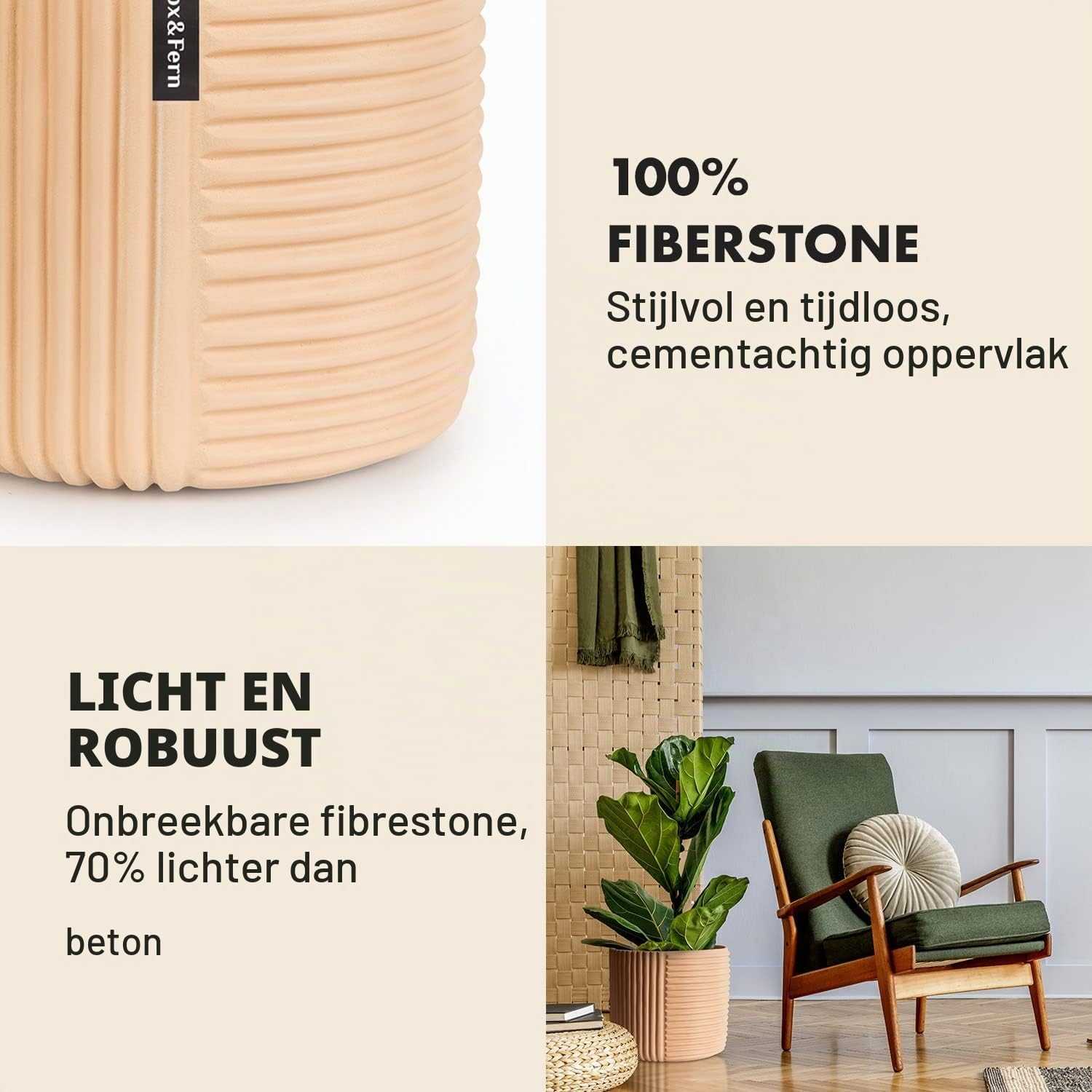 Detalle de Fox & Fern PP-ROUND-POLY-L-MW bloempot, zandkleur met lijnstructuur en afvoer