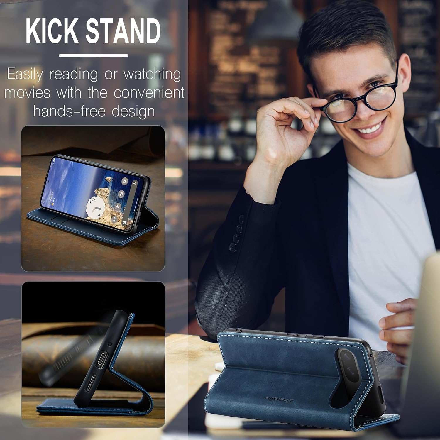 Detalle de Samokor Leder-Flip-Hülle für Google Pixel 10 Pro 5G – Blau, Wallet-Stil mit Standfunktion