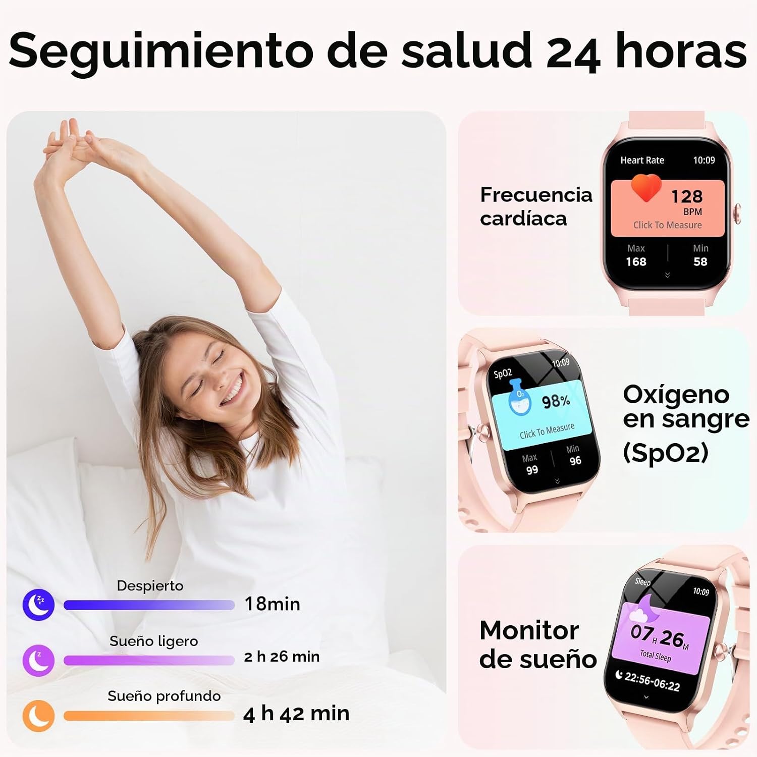 Detalle de Reloj Inteligente CASCHO para Mujer y Hombre, 1.85" HD, Llamadas y Asistente de Voz IA, 115+ Modos Deportivos, IP68 Rosa
