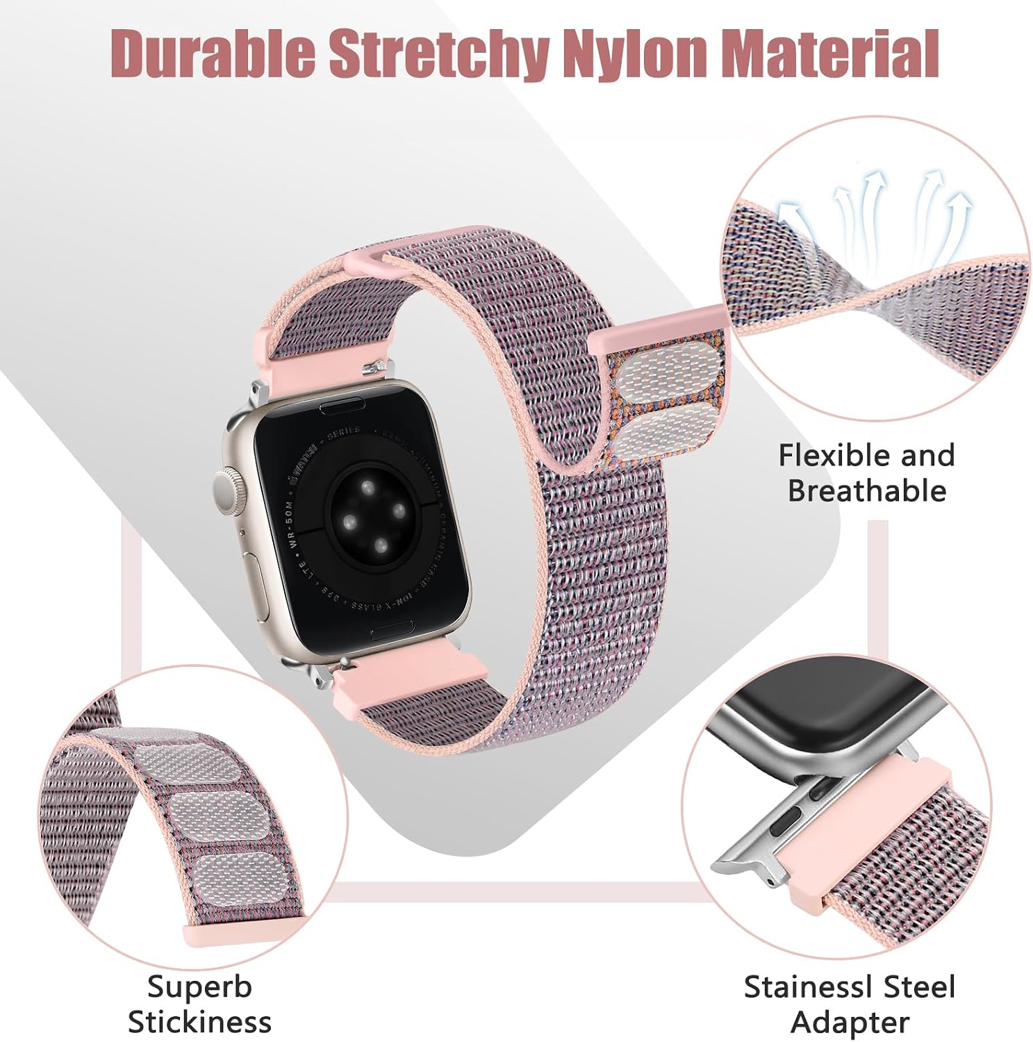 Detalle de Runostrich Nylon Sport Strap for Apple Watch (49mm–38mm) – Adjustable Solo Loop, 2 Pack