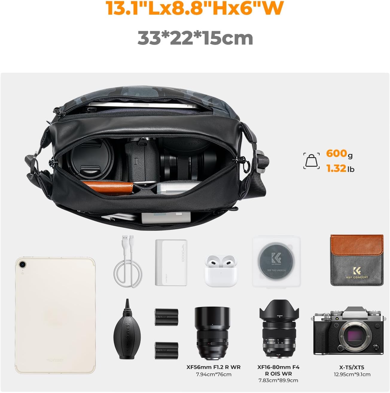 Detalle 2 de K&F CONCEPT borsa a tracolla impermeabile per fotocamera (10L) con divisori e tasca tablet fino a 9”