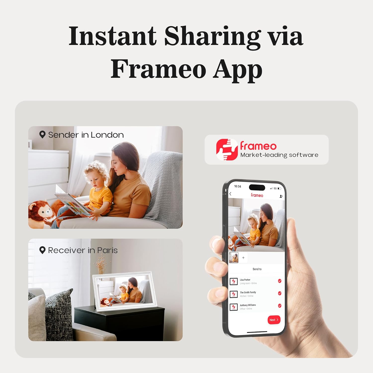 Detalle de 64GB 15.6" Frameo WiFi Digital Photo Frame with 1920x1080 IPS Touch – Wall Mountable, Auto Rotate and Video Sharing