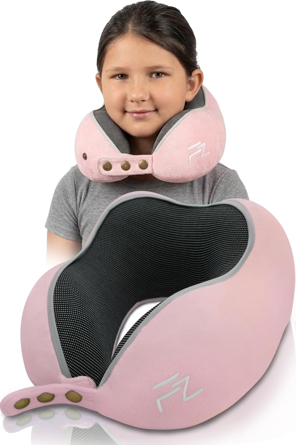 Detalle de FLOWZOOM Nackenkissen für Kinder ab 6 Jahren (Größe M) mit Memoryschaum, einstellbar & waschbezug – inkl. Beutel, Rosa