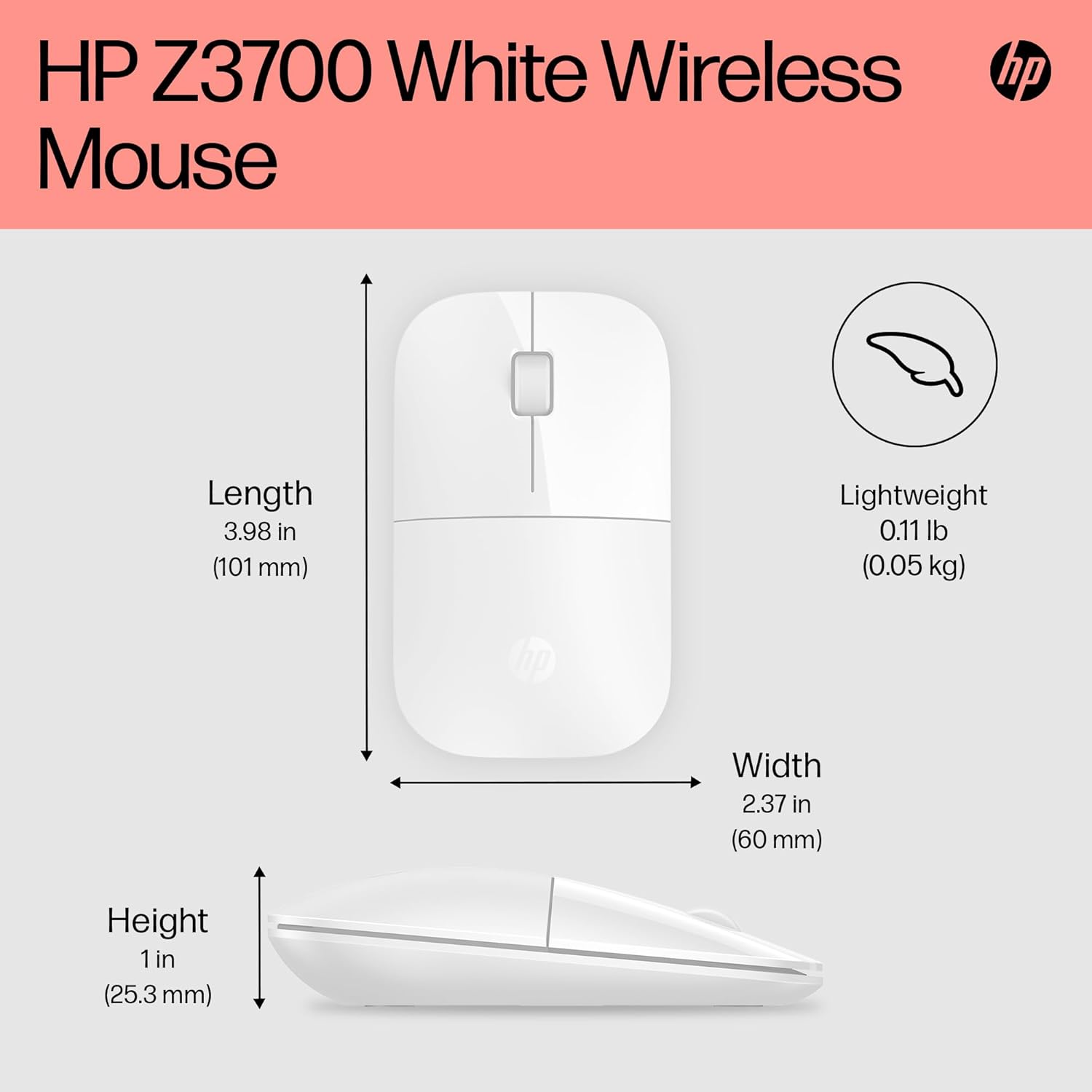Detalle de HP Z3700 Wireless Mouse | White – Slim, Multi-OS Compatibility and Long Battery Life