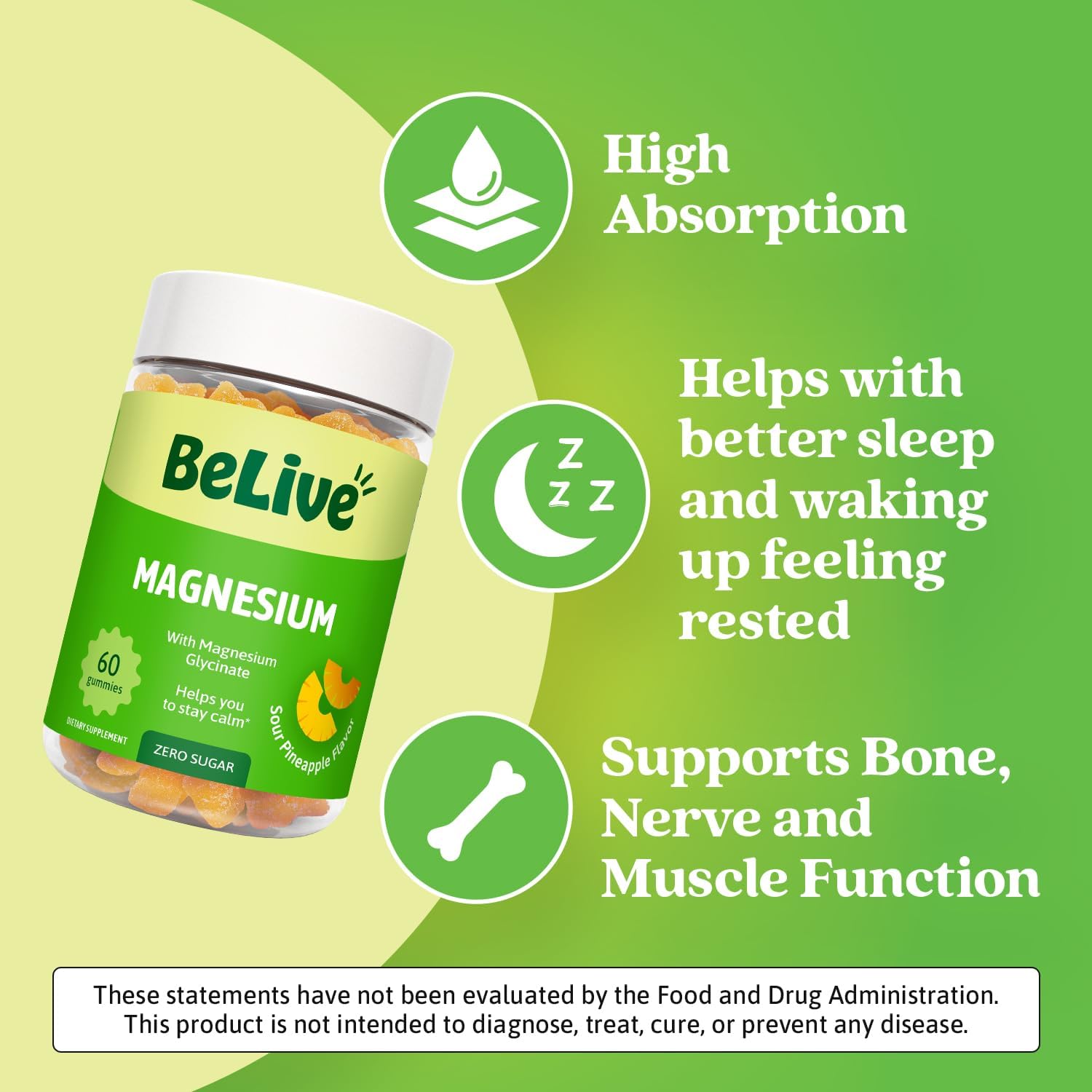 Detalle de BeLive M7-3CW7-ZFI8-UPC1 Magnesium Glycinate Gummies, Sugar-Free Pineapple, 60 Count