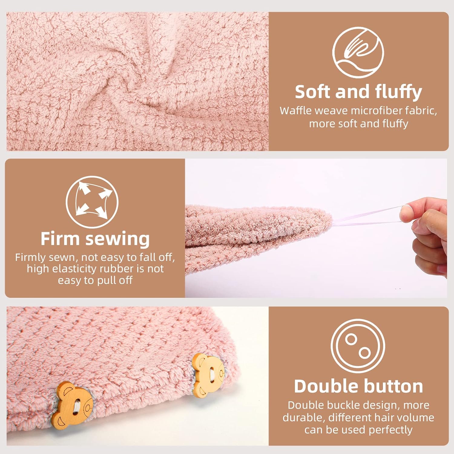 Detalle 2 de CZZXI TW-GPB Microfiber Hair Towel Set, 3-Pack in Grey, Pink and Blue