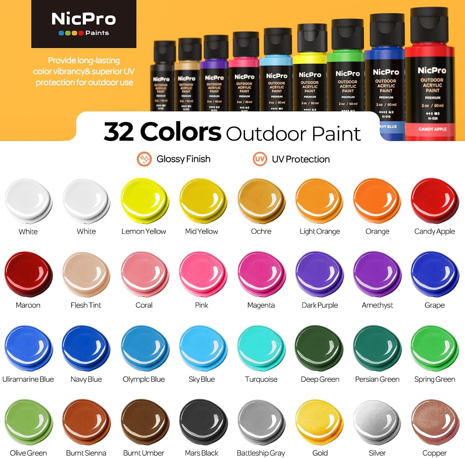 Detalle 2 de Nicpro 32-Colour Outdoor Acrylic Paint Set (Bulk) with Brushes, Sponge & Art Knife
