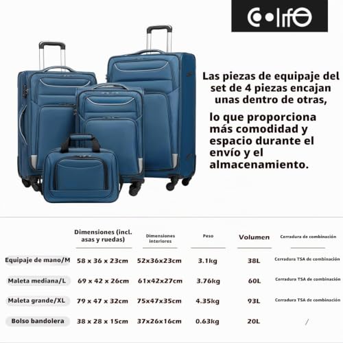 Detalle de COOLIFE maleta trolley blanda de 66 cm con bolsa bandolera y cierre TSA