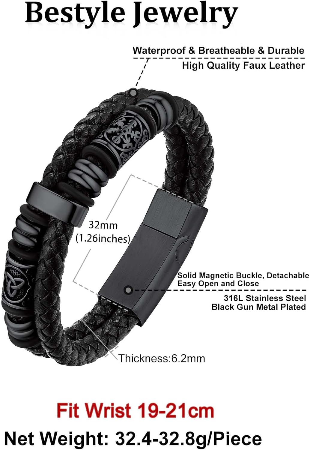 Thumbnail 2 de Bestyle pulsera de hombre de cuero y acero inoxidable con brújula vikinga (cierre magnético) negra, 21 cm