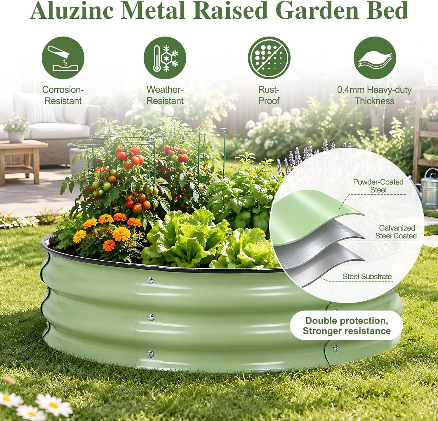 Detalle de BPS 30" x 30" x 9" Metal Raised Garden Bed, Green Galvanized Steel