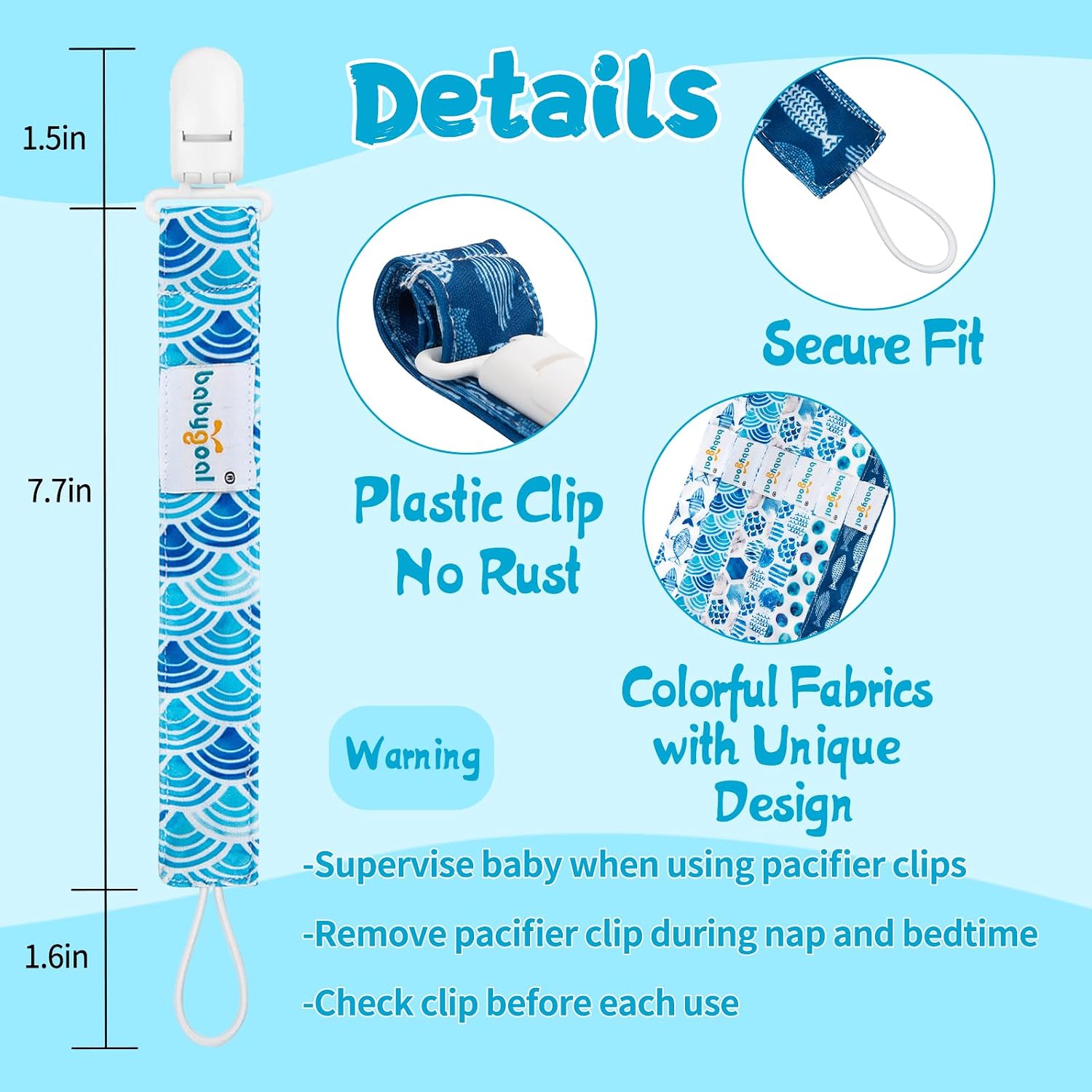 Detalle de babygoal 6PS12-B Ocean Blue Pacifier Clips, 6-Pack Polyester Set