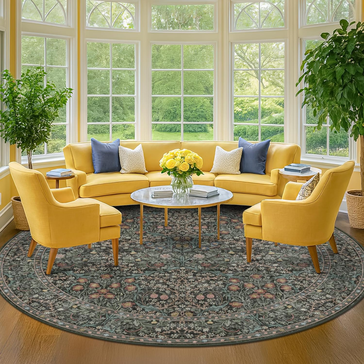 Thumbnail 5 de Washable Round Rugs 7ft with Non-Slip Backing, Dark Green Boho Floral Area Rug (Machine Washable)