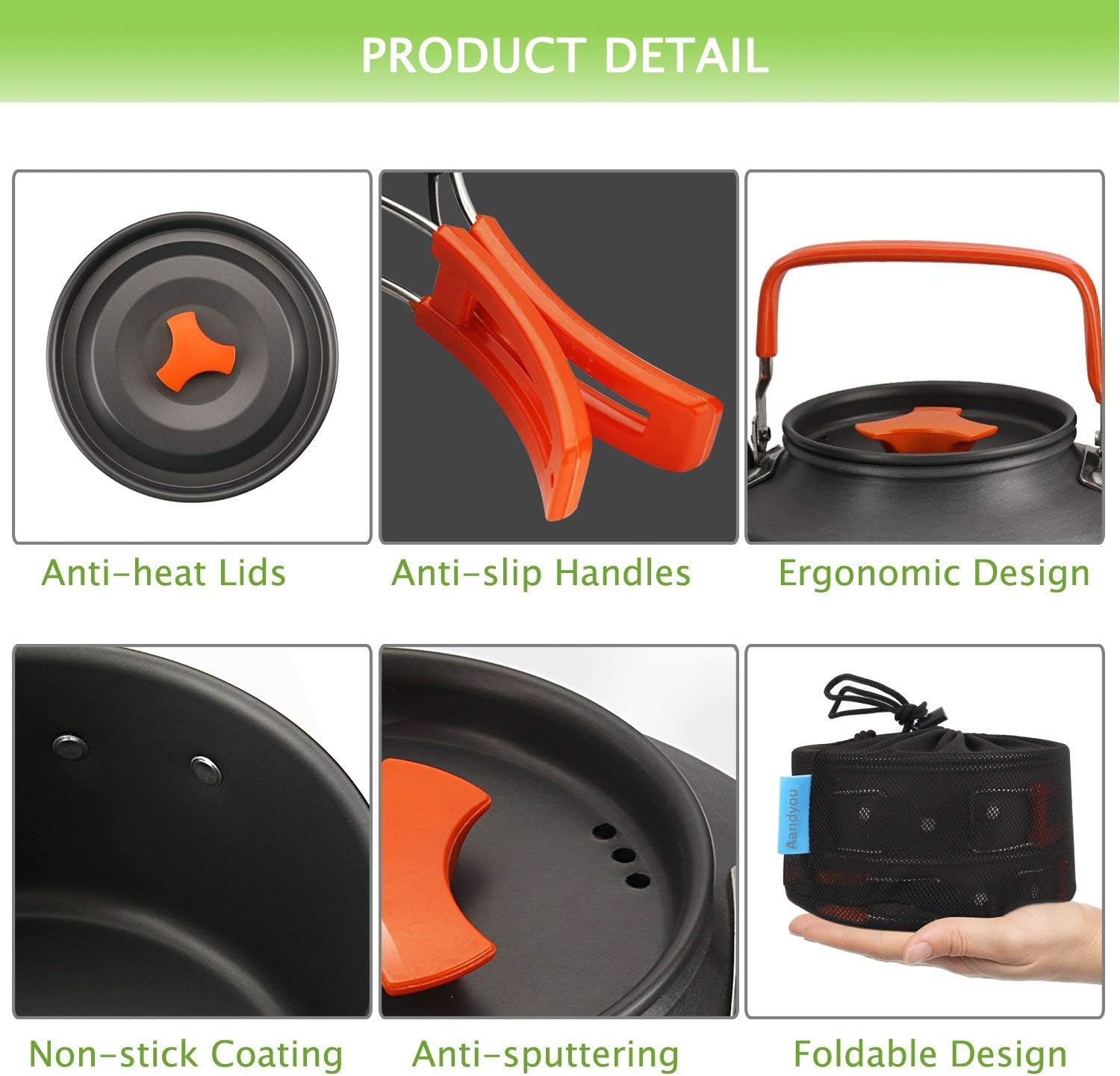 Detalle de Aandyou Camping Cookware Kit (13-piece) for 2–3 people: non-stick pot, pan & 0.8 L kettle