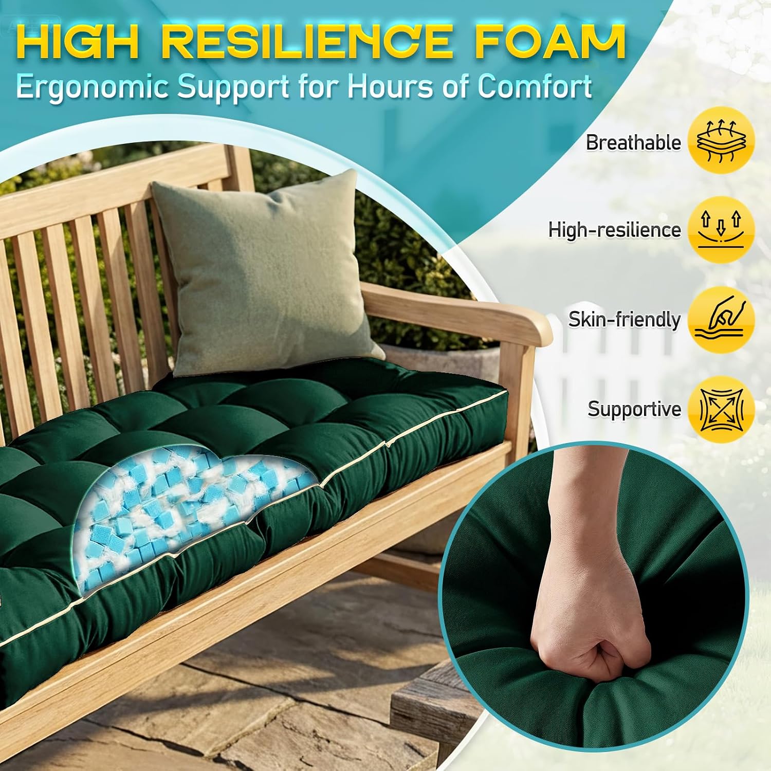 Detalle de TaiBest TB-OC Outdoor Bench Cushion, Green Tufted 36 x 14 x 4 in.