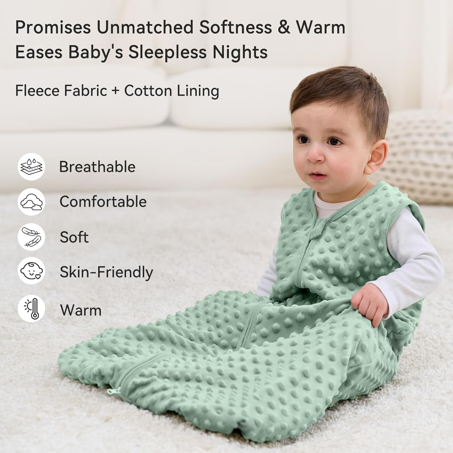 Thumbnail 1 de Unnivoll Baby Sleeping Bag 1.5 Tog with Plush Dots (2-Pack) – wearable sleep sack, 18–24 months, forest green