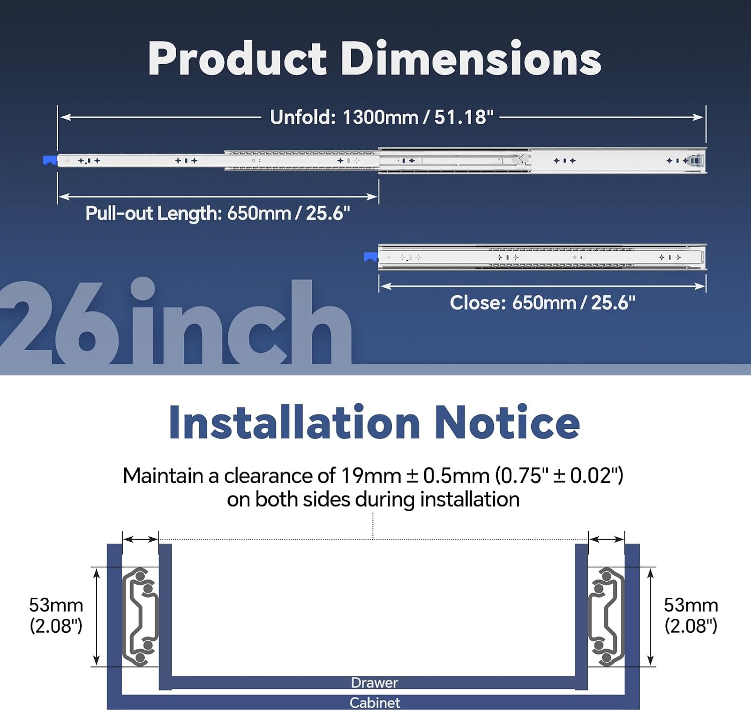 Detalle de ToBeGreat Glissière pour tiroir lourde 650 mm – montage latéral avec serrure (2 pièces)