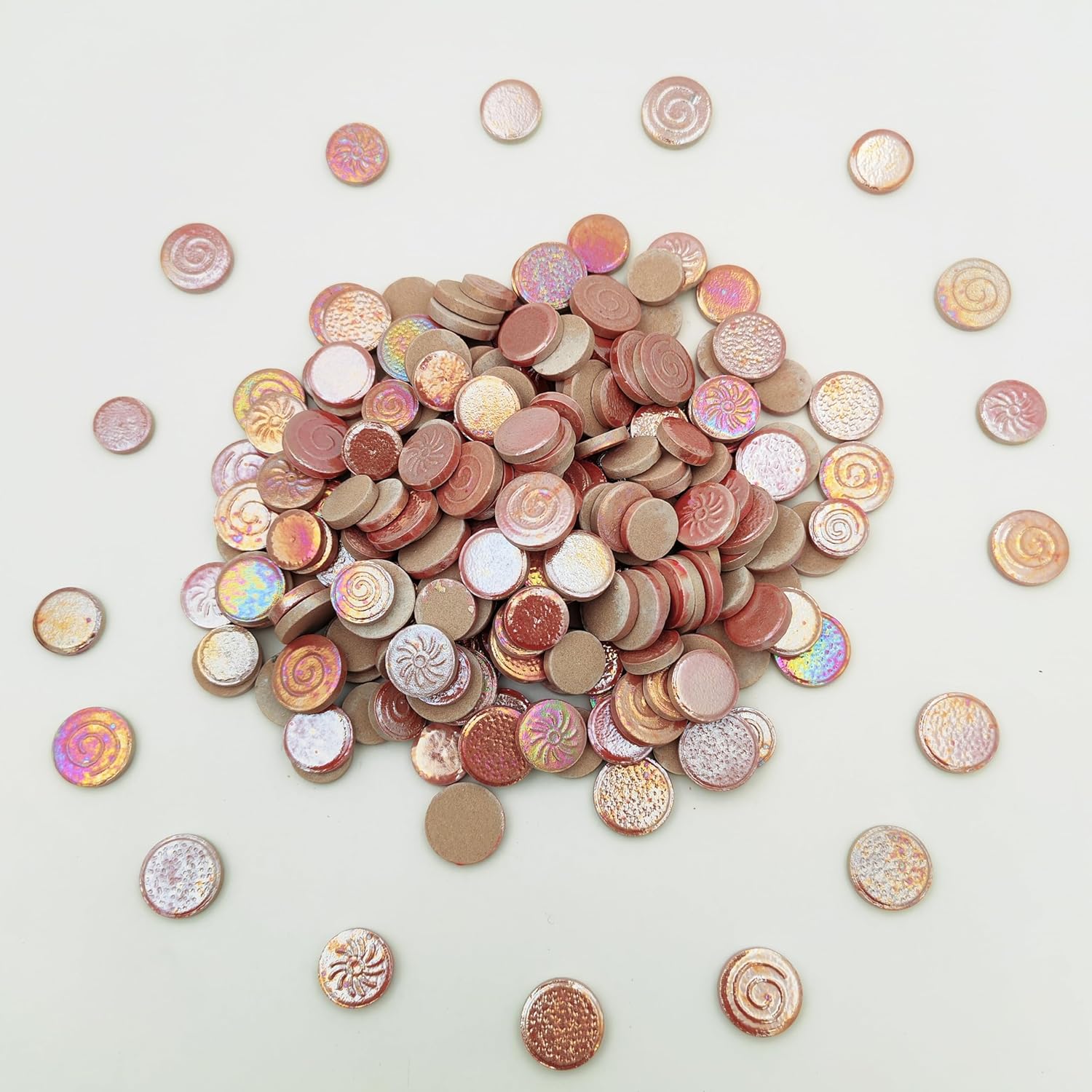 Thumbnail 6 de 500 g gemischte runde Keramik-Mosaikfliesen in 3 Größen (Irisierendes Finish) – Regenbogen-Hellrosa